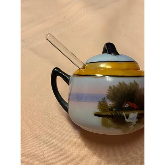 Morimura Porcelain Sugar Bowl, Lid & Glass Spoon Scenic design 2.75 in tall EUC - Picture 16 of 16